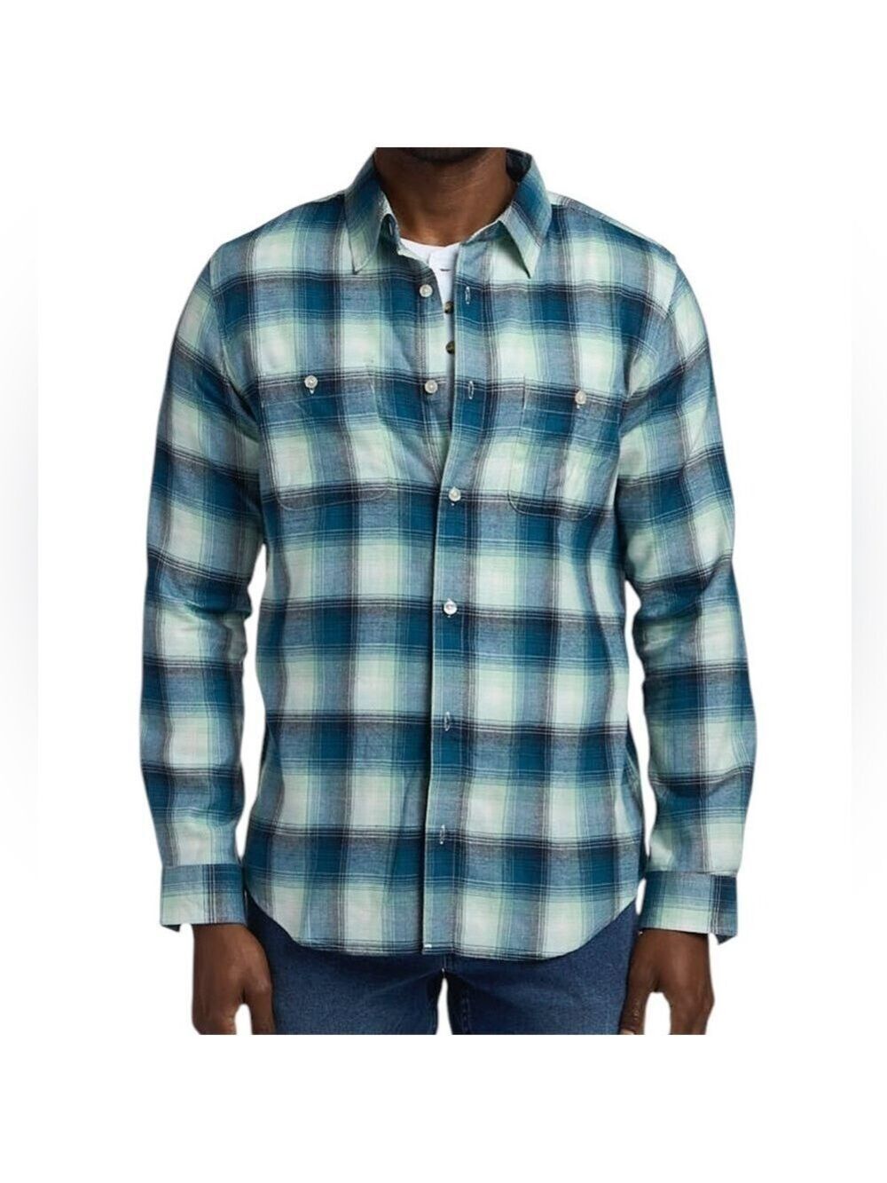 Ben Sherman Men's Classic Fit Peached Twill Plaid Shirt in Wedgwood Size XXL